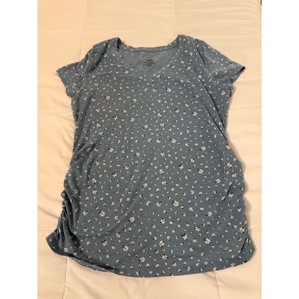 Sonoma Goods for Life Maternity V-Neck Floral Ruched T-Shirt Blue Large L-MAT